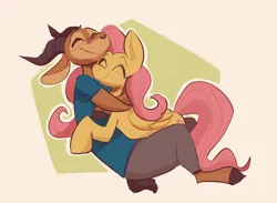 Size: 1864x1364 | Tagged: safe, artist:burritolope, artist:foxefuel, derpibooru import, fluttershy, oc, antelope, anthro, pegasus, pony, abstract background, blushing, clothes, cuddling, eyes closed, female, furry, furry oc, happy, hug, image, male, mare, png, smiling