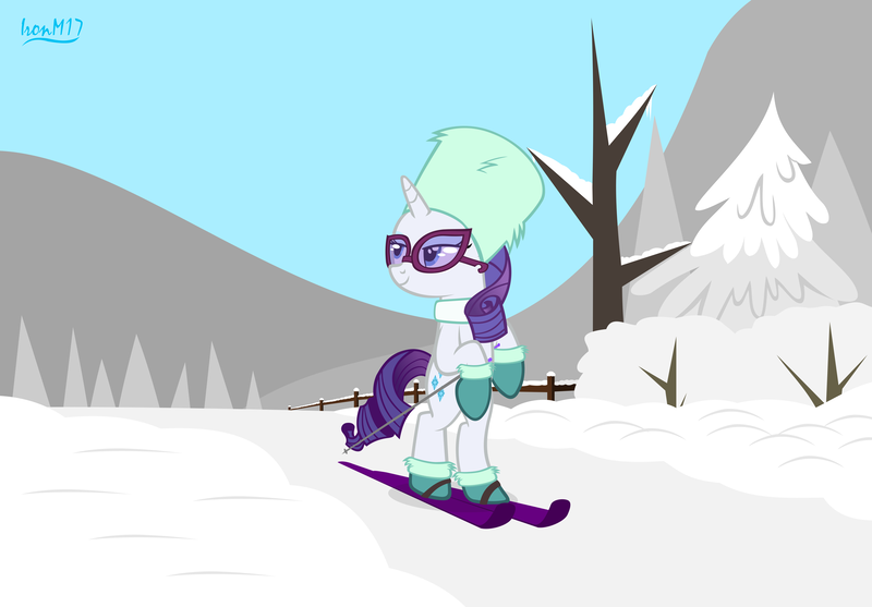 Size: 4478x3118 | Tagged: safe, artist:ironm17, derpibooru import, rarity, pony, unicorn, bipedal, boots, clothes, female, hat, high res, image, mare, png, shoes, skiing, skis, snow, sunglasses, tree, ushanka, winter