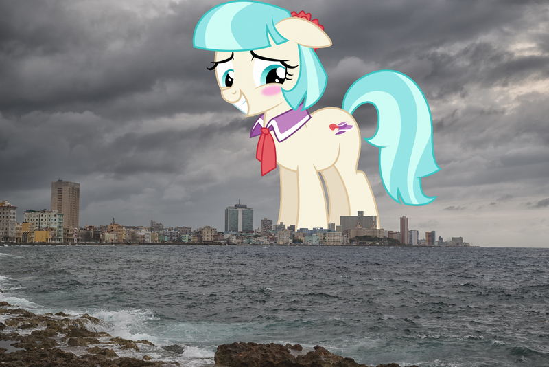 Size: 2048x1367 | Tagged: safe, artist:dashiesparkle, derpibooru import, coco pommel, earth pony, pony, blushing, cocobetes, cuba, cute, female, floppy ears, giant pony, giant/macro earth pony, giant/mega coco pommel, giantess, grin, havana, highrise ponies, image, irl, jpeg, macro, mare, mega giant, photo, ponies in real life, smiling, solo