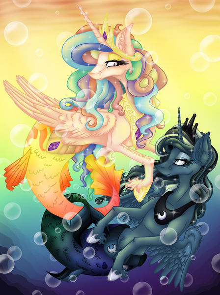 Size: 1946x2606 | Tagged: safe, artist:alzmariowolfe, artist:mario-wolfe, derpibooru import, princess celestia, princess luna, alicorn, hybrid, mermaid, merpony, pony, seapony (g4), abstract background, bubble, colored pupils, crown, curly hair, curly mane, ear fluff, ears, ethereal mane, eyelashes, female, fish tail, flowing mane, folded wings, gem, hoof shoes, horn, image, jewelry, jpeg, lidded eyes, looking at each other, looking at someone, mare, mermaidized, ocean, regalia, royal sisters, seaponified, seapony celestia, seapony luna, siblings, sisters, smiling, smiling at each other, sparkles, species swap, starry mane, tail, underwater, water, wings