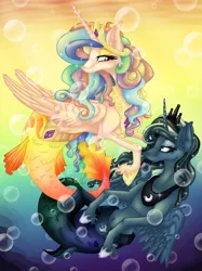 Size: 1946x2606 | Tagged: safe, artist:alzmariowolfe, artist:mario-wolfe, derpibooru import, princess celestia, princess luna, alicorn, hybrid, mermaid, merpony, pony, seapony (g4), abstract background, bubble, colored pupils, crown, curly hair, curly mane, ear fluff, ears, ethereal mane, eyelashes, female, fish tail, flowing mane, folded wings, gem, hoof shoes, horn, image, jewelry, jpeg, lidded eyes, looking at each other, looking at someone, mare, mermaidized, ocean, regalia, royal sisters, seaponified, seapony celestia, seapony luna, siblings, sisters, smiling, smiling at each other, sparkles, species swap, starry mane, tail, underwater, water, wings