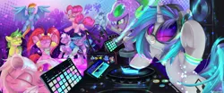 Size: 2802x1161 | Tagged: safe, artist:sketchiix3, derpibooru import, azure velour, fuchsia frost, pacific glow, pinkie pie, rainbow dash, soarin', spike, vinyl scratch, earth pony, pegasus, pony, unicorn, backwards cutie mark, bipedal, dancing, disc jockey, dj scales and tail, eyes closed, female, friendship student, frog (hoof), grin, image, jpeg, male, mare, old cutie mark, open mouth, open smile, rave, smiling, stallion, turntable, underhoof