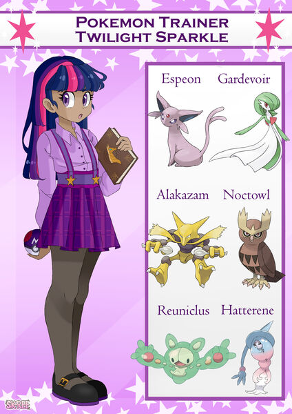 Size: 1920x2716 | Tagged: safe, artist:sk-ree, derpibooru import, twilight sparkle, alakazam, espeon, gardevoir, human, noctowl, book, clothes, female, hatterene, humanized, image, jpeg, master ball, poké ball, pokéball, pokémon, pokémon team, pokémon trainer, reuniclus, skirt, socks, solo, stockings, thigh highs