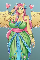 Size: 2000x3000 | Tagged: safe, artist:nauth, derpibooru import, fluttershy, anthro, pegasus, pony, big breasts, breasts, busty fluttershy, cleavage, clothes, commission, dress, female, gala dress, gradient background, grand galloping gala, heart, huge breasts, image, jpeg, looking at you, mare, outline, sexy, smiling, smiling at you, solo, white outline