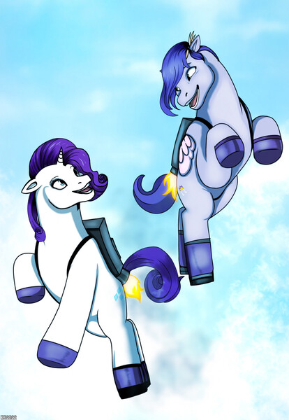 Size: 883x1280 | Tagged: safe, artist:kstheprotowolf, derpibooru import, pipp petals, rarity, pegasus, pony, unicorn, flying, g5, happy, image, jetpack, jpeg, looking at each other, looking at someone, open mouth, sky, sky background, wrong color