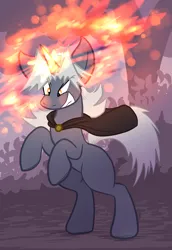 Size: 2339x3395 | Tagged: safe, artist:virmir, derpibooru import, oc, oc:virmare, oc:virmir, unofficial characters only, unicorn, abstract background, blank flank, cape, clothes, female, fire magic, grin, image, magic, png, rearing, smiling, solo