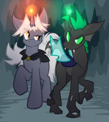 Size: 2635x2959 | Tagged: safe, artist:virmir, derpibooru import, oc, oc:shifting sands, oc:virmare, oc:virmir, unofficial characters only, changeling, unicorn, cape, cave, changeling oc, clothes, fangs, female, green changeling, image, looking at each other, looking at someone, magic, male, png, raised eyebrow, raised leg