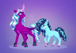 Size: 3130x2160 | Tagged: safe, artist:bluefeathercat, derpibooru import, opaline, alicorn, pony, unicorn, g5, my little pony: make your mark, spoiler:g5, spoiler:my little pony: make your mark, duo, grin, height difference, image, looking at each other, looking at someone, misty brightdawn, nervous, nervous grin, pale belly, png, slim, smiling, unshorn fetlocks