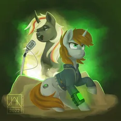 Size: 2160x2160 | Tagged: safe, artist:bluefeathercat, derpibooru import, oc, oc:littlepip, oc:velvet remedy, unofficial characters only, pony, unicorn, fallout equestria, image, jpeg, microphone