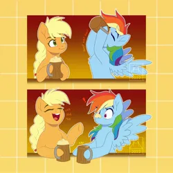 Size: 2160x2160 | Tagged: safe, artist:bluefeathercat, derpibooru import, applejack, rainbow dash, earth pony, pegasus, pony, appledash, cider, cider mug, ciderstache, drink, drinking, exclamation point, female, gulp, high res, image, jpeg, laughing, lesbian, mug, open mouth, open smile, shipping, smiling, spread wings, wings