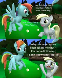 Size: 1707x2160 | Tagged: safe, artist:red4567, derpibooru import, derpy hooves, rainbow dash, pegasus, pony, 3d, angry, aside glance, bush, comic, duo, duo female, female, image, literal minded, looking at you, mare, png, sideways glance, source filmmaker