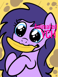 Size: 750x1000 | Tagged: safe, artist:lannielona, derpibooru import, oc, pony, advertisement, animated, banana, chewing, commission, eating, food, gif, image, shiny eyes, silly, solo, your character here