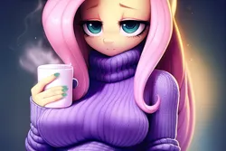 Size: 3072x2048 | Tagged: suggestive, derpibooru import, machine learning generated, novelai, fluttershy, anthro, human, pegasus, breasts, busty fluttershy, clothes, derpibooru exclusive, humanized, image, looking at you, mug, png, solo, sweater, sweatershy, turtleneck, turtleneck sweater