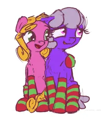 Size: 1173x1416 | Tagged: safe, artist:uteuk, derpibooru import, shady, oc, oc:natrix capefiv, earth pony, pony, clothes, female, hug, image, jpeg, simple background, sitting, socks, striped socks, white background