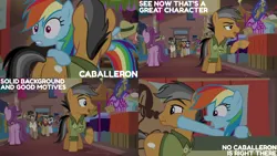 Size: 4400x2475 | Tagged: safe, derpibooru import, edit, edited screencap, editor:quoterific, screencap, biff, doctor caballeron, quibble pants, rainbow dash, rogue (character), withers, stranger than fan fiction, henchmen, image, png, sunglasses