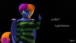 Size: 3840x2160 | Tagged: safe, artist:anthroponiessfm, derpibooru import, oc, oc:layla horizon, anthro, bat pony, 3d, anthro oc, bat pony oc, bat wings, clothes, female, glasses, image, looking at you, meme, png, quote, source filmmaker, striped sweater, sweater, thumbs up, wings