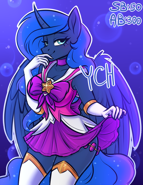 Size: 1153x1487 | Tagged: questionable, artist:kannakiller, derpibooru import, princess luna, alicorn, anthro, auction, auction open, blushing, bow, clothes, commission, cosplay, costume, female, gloves, horn, image, league of legends, looking at you, lux, png, sex toy, skirt, smiling, smiling at you, socks, solo, star guardian, stockings, thigh highs, vaginal secretions, vibrator, wings, ych example, ych sketch, your character here