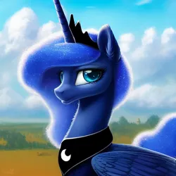 Size: 1024x1024 | Tagged: safe, derpibooru import, editor:dovakkins, machine learning generated, purplesmart.ai, stable diffusion, princess luna, alicorn, pony, beautiful, crown, cute, ear fluff, female, image, jewelry, mare, peytral, png, regalia, scenery, smiling, solo