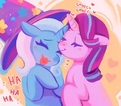 Size: 1280x1119 | Tagged: safe, artist:cherivinca, derpibooru import, starlight glimmer, trixie, pony, unicorn, blushing, clothes, cute, eyelashes, eyes closed, female, hat, heart, heart tongue, image, kissing, laughing, lesbian, mare, png, shipping, smiling, smooch, stars, startrix, text, trixie's hat