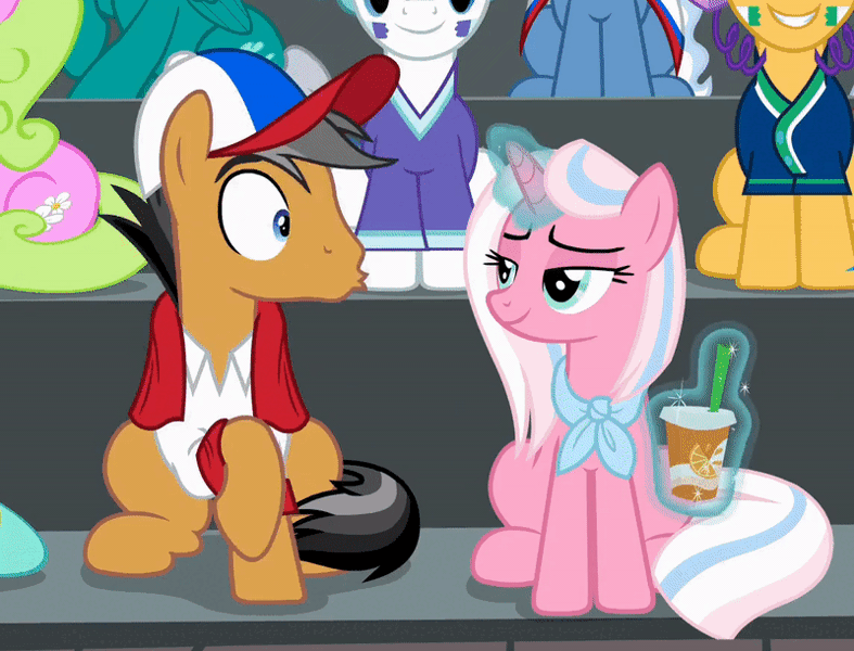 Size: 800x610 | Tagged: safe, derpibooru import, screencap, clear sky, quibble pants, earth pony, pony, unicorn, common ground, animated, baseball cap, cap, clothes, cup, drinking straw, duo focus, embarrassed, embarrassed grin, female, gif, hat, image, magic, male, mare, shirt, smug, smug smile, stallion, talking, telekinesis