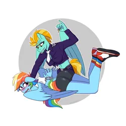 Size: 2048x2048 | Tagged: suggestive, artist:shallowwin, derpibooru import, lightning dust, rainbow dash, anthro, pegasus, arm behind back, arrested, ass, big breasts, blushing, breasts, butt, chains, clothes, cuffs, dashsub, dustdom, female, femsub, handcuffed, image, key, large butt, lesbian, necktie, officer ld, pinned, png, police officer, prisoner rd, rainbowdust, rainbutt dash, roleplay, roleplaying, shipping, shirt, shoes, shorts, smiling, smirk, submissive, t-shirt