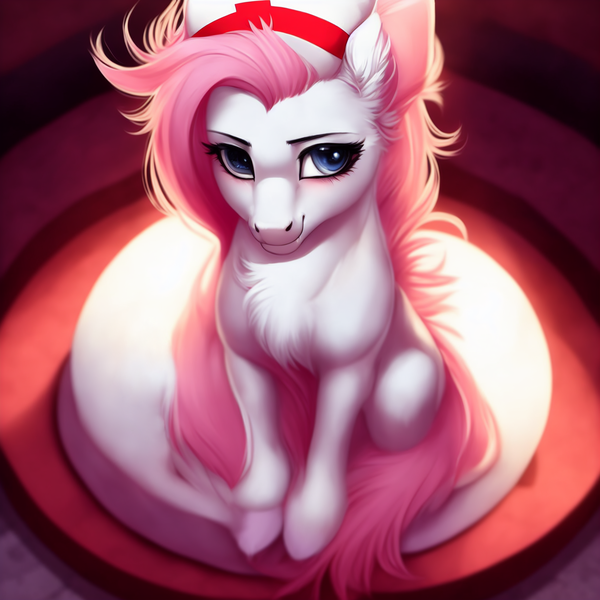 Size: 1536x1536 | Tagged: safe, derpibooru import, edit, editor:epsilonwolf, machine learning generated, purplesmart.ai, stable diffusion, nurse redheart, earth pony, pony, chest fluff, cute, ear fluff, female, flowing mane, fluffy mane, hat, hooves, image, looking at you, looking up, majestic, nurse hat, png, sitting, smiling, smiling at you, solo