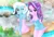 Size: 1183x806 | Tagged: suggestive, artist:charliexe, derpibooru import, starlight glimmer, trixie, equestria girls, breasts, busty starlight glimmer, busty trixie, duo, female, grin, hot springs, image, jpeg, one eye closed, smiling, towel, water, wink