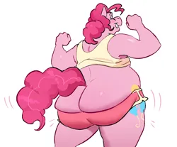 Size: 1206x1000 | Tagged: suggestive, artist:chunkowitz, derpibooru import, pinkie pie, anthro, earth pony, ass, balloonbutt, bubble berry, butt, butt shake, buttcheeks, buttcrack, chubby, clothes, dock, fat, fat ass, female to male, image, large butt, png, pudgy pie, raised tail, rule 63, tail, transformation, transgender transformation