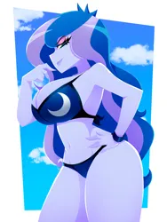 Size: 1500x2000 | Tagged: suggestive, artist:xan-gelx, derpibooru import, princess luna, equestria girls, beach, belly button, big breasts, bikini, breasts, busty princess luna, clothes, female, hand on hip, image, jpeg, looking at you, solo, swimsuit, vice principal luna