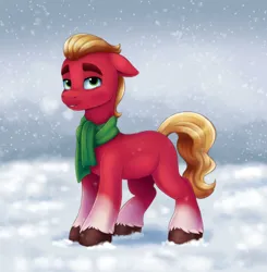 Size: 2944x3000 | Tagged: safe, artist:malarkey, derpibooru import, sprout cloverleaf, earth pony, pony, clothes, cute, floppy ears, g5, image, male, png, scarf, snow, solo, sproutbetes, stallion, unshorn fetlocks