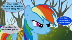 Size: 1280x720 | Tagged: safe, derpibooru import, edit, edited screencap, screencap, rainbow dash, fall weather friends, bound wings, image, implied derpy, implied sonic, png, race, sonic the hedgehog (series), speech bubble, tree, wings