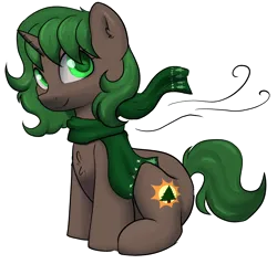 Size: 2302x2200 | Tagged: safe, artist:dumbwoofer, derpibooru import, oc, oc:pine shine, pony, unicorn, chest fluff, clothes, ear fluff, female, image, looking at you, mare, png, scarf, simple background, sitting, smiling, solo, transparent background, wind