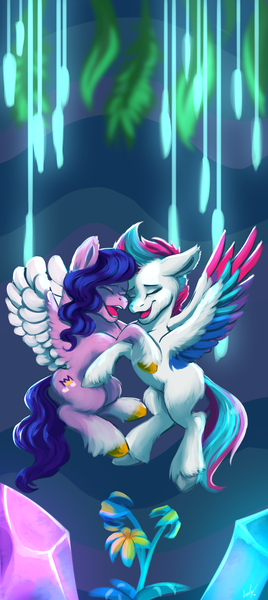 Size: 1792x4005 | Tagged: safe, artist:arky2000, derpibooru import, pipp petals, zipp storm, pegasus, pony, my little pony: make your mark, my little pony: make your mark chapter 2, cave, crystal, duo, duo female, eyes closed, female, flower, g5, high res, hug, image, mare, ocean lily, open mouth, open smile, phone wallpaper, png, portrait of a princess, royal sisters (g5), sibling love, siblings, sisterly love, sisters, smiling, wallpaper