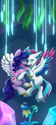 Size: 1792x4005 | Tagged: safe, artist:arky2000, derpibooru import, pipp petals, zipp storm, pegasus, pony, my little pony: make your mark, my little pony: make your mark chapter 2, cave, crystal, duo, duo female, eyes closed, female, flower, g5, high res, hug, image, mare, ocean lily, open mouth, open smile, phone wallpaper, png, portrait of a princess, royal sisters (g5), sibling love, siblings, sisterly love, sisters, smiling, wallpaper