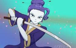 Size: 1200x760 | Tagged: safe, artist:empyu, derpibooru import, rarity, human, equestria girls, 30 minute art challenge, alternate hairstyle, anime, clothes, female, gradient background, image, katana, looking at you, png, samurai, simple background, solo, sword, weapon
