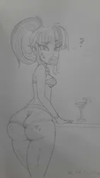Size: 2250x4000 | Tagged: suggestive, artist:katanis, derpibooru import, sci-twi, twilight sparkle, human, equestria girls, alcohol, ass, breasts, bubblegum, butt, clothes, cocktail, drink, female, food, grayscale, gum, hot pants, image, jpeg, large butt, looking at you, looking back, looking back at you, monochrome, pencil drawing, question mark, sci-twibutt, solo, solo female, sticker, traditional art, twibutt