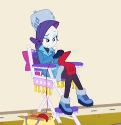 Size: 1920x1991 | Tagged: safe, composite screencap, derpibooru import, edit, edited screencap, screencap, rarity, equestria girls, equestria girls series, holidays unwrapped, spoiler:eqg series (season 2), blizzard or bust, boots, clothes, crossed legs, image, knitting, mittens, outdoors, png, shoes, winter outfit
