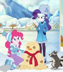 Size: 1920x2182 | Tagged: safe, composite screencap, derpibooru import, edit, edited screencap, screencap, pinkie pie, rarity, smoky, human, raccoon, equestria girls, equestria girls series, holidays unwrapped, spoiler:eqg series (season 2), blizzard or bust, boots, carrot, clothes, cookie, food, hat, image, jacket, mashed potato snowman, mashed potatoes, mittens, outdoors, painting, png, potato, scarf, shoes, smiling, snowman, toque, winter outfit