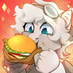 Size: 2480x2480 | Tagged: safe, artist:sinrinf, derpibooru import, pegasus, pony, burger, commission, eating, food, image, png, solo, ych result, your character here