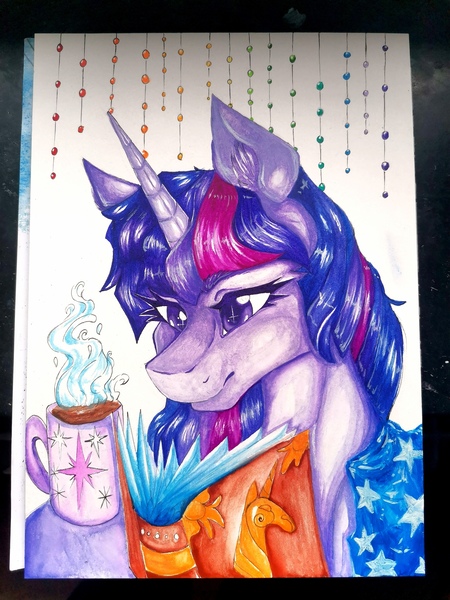 Size: 3000x4000 | Tagged: safe, artist:dankpegasista, derpibooru import, twilight sparkle, pony, unicorn, aquarelle, blanket, book, coffee, coffee mug, comfort, comfy, cozy, cup, cutie mark, decoration, detailed, highlights, image, jpeg, mug, page, painting, photo, rainbow, reading, shading, solo, steam, steamy, traditional art