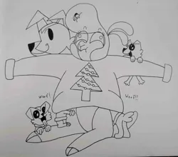 Size: 1660x1464 | Tagged: safe, artist:spoopygirl, derpibooru import, dog, sheep, them's fightin' herds, christmas, clothes, community related, female, holiday, image, jpeg, lamb, pom (tfh), puppy, sweater