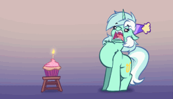 Size: 1433x825 | Tagged: safe, artist:witchtaunter, derpibooru import, lyra heartstrings, pony, unicorn, animated, birthday, blowing, candle, chest fluff, cupcake, ear fluff, faic, female, food, g4, gasping, gif, gradient background, hat, image, l.u.l.s., mare, party hat, solo, stool