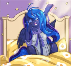Size: 1074x994 | Tagged: safe, artist:mdwines, derpibooru import, princess luna, alicorn, pony, bed, bedroom, clothes, cute, female, feral, image, mare, nightgown, png, solo, stretching, yawn