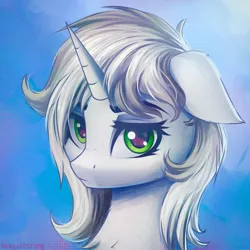 Size: 2000x2000 | Tagged: safe, artist:adagiostring, derpibooru import, oc, pony, unicorn, blue background, bust, commission, cute, female, green eyes, headshot commission, high res, horn, image, looking at you, mare, my little pony, png, portrait, simple background, solo, watching