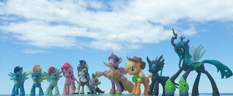 Size: 1280x529 | Tagged: safe, artist:dingopatagonico, derpibooru import, applejack, pinkie pie, queen chrysalis, rainbow dash, shining armor, soarin', spike, spitfire, twilight sparkle, twilight sparkle (alicorn), alicorn, changeling, earth pony, pegasus, unicorn, guardians of harmony, image, jpeg, photo, toy