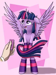 Size: 1611x2160 | Tagged: artist needed, source needed, suggestive, derpibooru import, twilight sparkle, twilight sparkle (alicorn), alicorn, bipedal, clothes, image, png, shoulder fluff, socks, solo, spread wings, striped socks, wingboner, wings