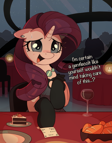 Size: 3917x5000 | Tagged: safe, artist:nookprint, derpibooru import, rarity, pony, unicorn, absurd resolution, alcohol, bill, bread, cake, cake slice, candle, clothes, date, dialogue, dress, ear piercing, earring, female, floppy ears, food, glass, horn, image, jewelry, mare, open mouth, piercing, png, restaurant, sitting, smiling, socks, stockings, sweat, sweatdrop, talking, talking to viewer, thigh highs, wine, wine glass