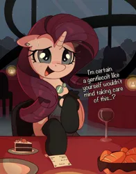 Size: 3917x5000 | Tagged: safe, artist:nookprint, derpibooru import, rarity, pony, unicorn, absurd resolution, alcohol, bill, bread, cake, cake slice, candle, clothes, date, dialogue, dress, ear piercing, earring, female, floppy ears, food, glass, horn, image, jewelry, mare, open mouth, piercing, png, restaurant, sitting, smiling, socks, stockings, sweat, sweatdrop, talking, talking to viewer, thigh highs, wine, wine glass
