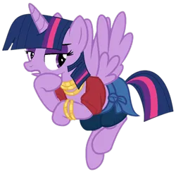 Size: 1072x1045 | Tagged: safe, artist:katnekobase, artist:twilyisbestpone, derpibooru import, twilight sparkle, twilight sparkle (alicorn), valley glamour, alicorn, pony, bracelet, clothes, derpibooru exclusive, eyeshadow, flying, frown, gold, hoof on chin, image, jewelry, lidded eyes, makeup, midriff, necklace, pegasus wings, png, shirt, shorts, simple background, solo, spread wings, transparent background, wings