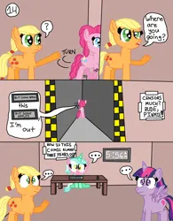 Size: 2550x3271 | Tagged: safe, artist:alyssafire, artist:nightshadowmlp, derpibooru import, applejack, lyra heartstrings, pinkie pie, twilight sparkle, twilight sparkle (alicorn), alicorn, earth pony, pony, unicorn, comic:five am at pinkie's: the prequel, ..., buy some apples, censored, clock, comic, digital clock, female, hatless, image, mare, missing accessory, png, shocked, signs, spread wings, wearing a mask, wings